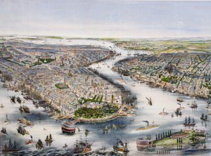 منظر عين الطيور لنيويورك وبروكلين ، طبعه I. Schaerer بواسطة JH Lochner